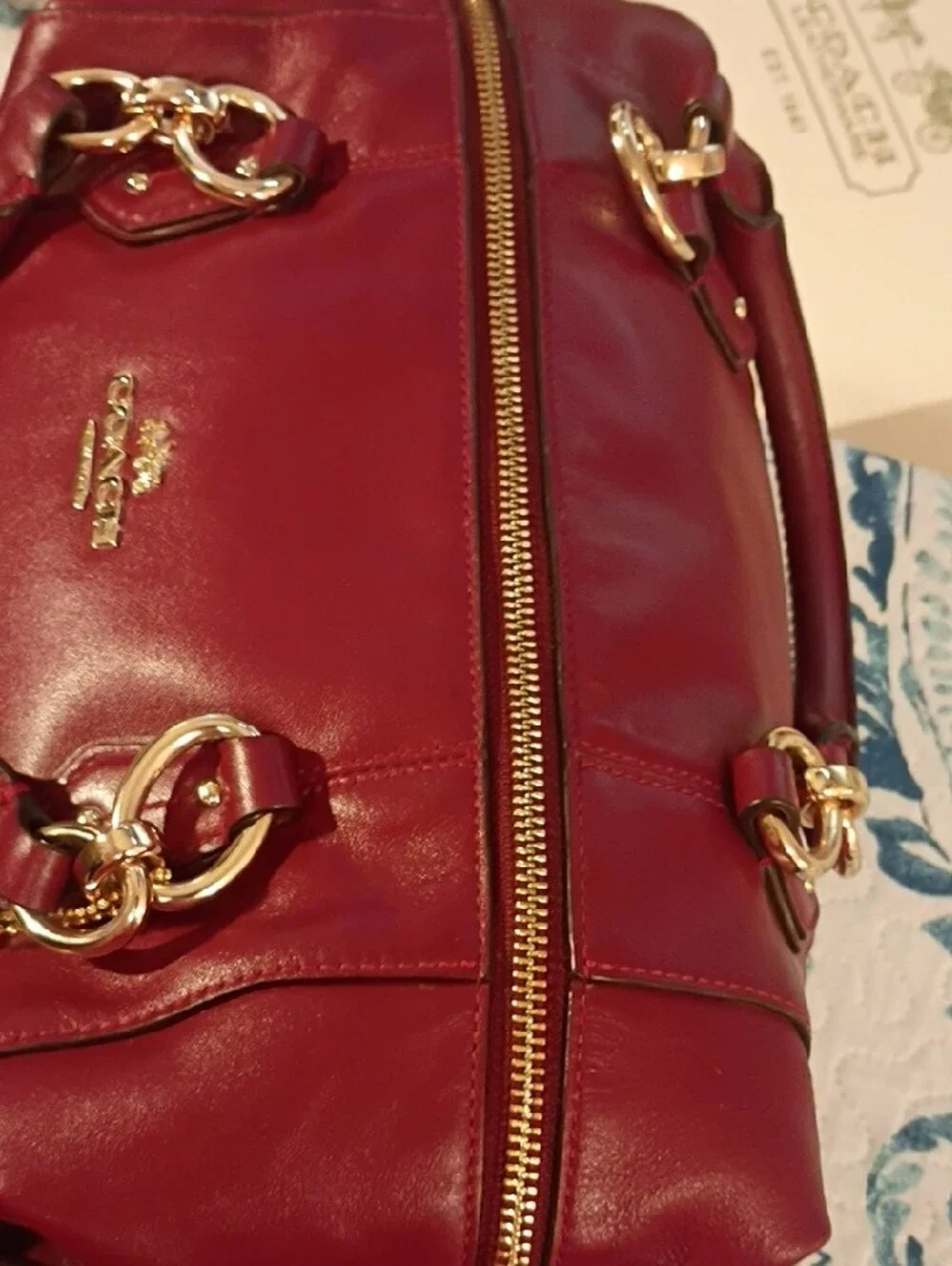 Coach Deep Red Leather Satchel with Gold Hardware